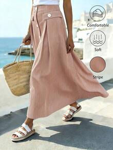 Falda A-Line casual de mujer con botones frontales a rayas - Blanco - Ver 6