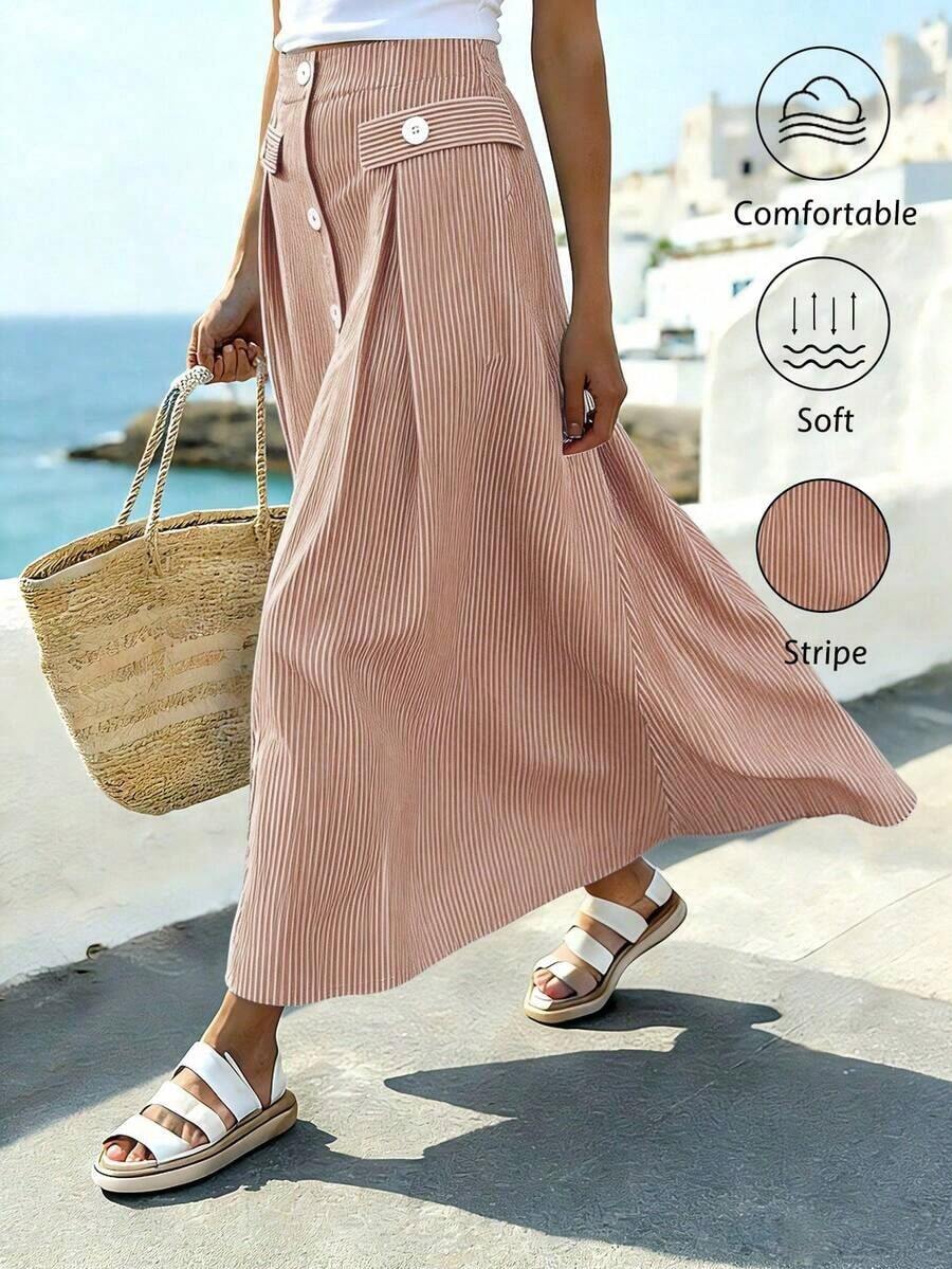 Women's Casual A-Line Skirt With Striped Front Buttons - 棕色 - 查看 1