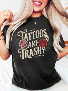 "Tattoos Are Low Quality" T-Shirt, "Bold Girl" Sweatshirt, Sarcastic T-Shirt For Women, Funny Tattoo T-Shirt, Humorous Gift For Adults, Stylish Casual T-Shirts For Tattoo Lovers, 100% Cotton Sportswear, Breathable And Comfortable - 黑色 - 查看 7
