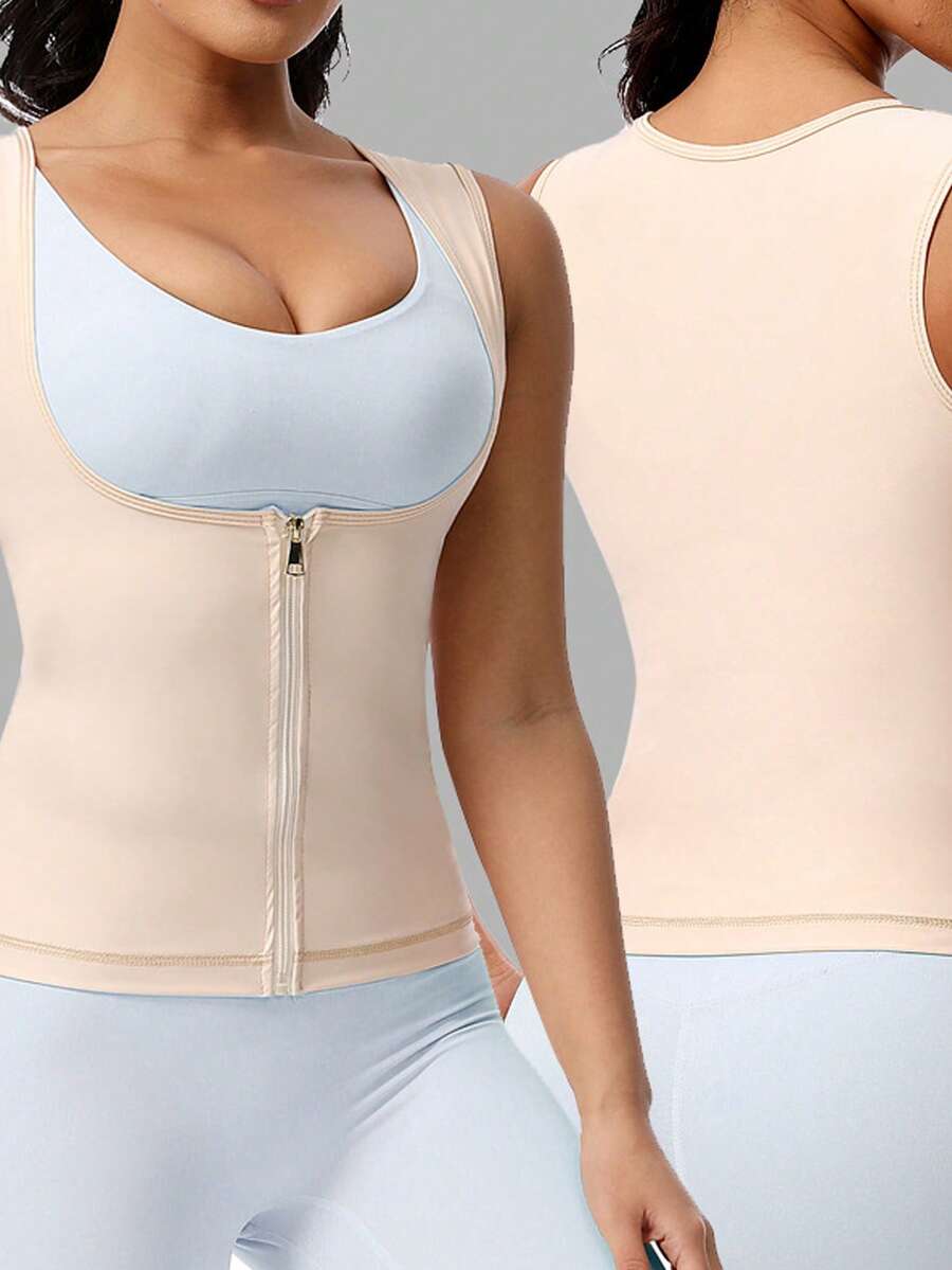 女士运动束腰带，4排钩扣设计，透气网眼后背，紧身压缩背心，收腰塑形，收腹塑身衣 - 杏色 - 查看 1