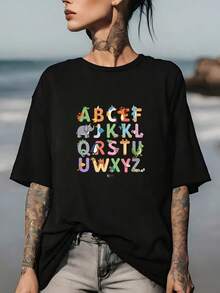Funny Alphabet T-Shirt, Cute Clothing, Family Gift, Size 180g, Crew Neck, For Men And Women, Fashionable Summer Graphic T-Shirt, Fun Design With Cartoon Letters And Animals Print, Comfortable And Lightweight - 黑色 - 查看 1