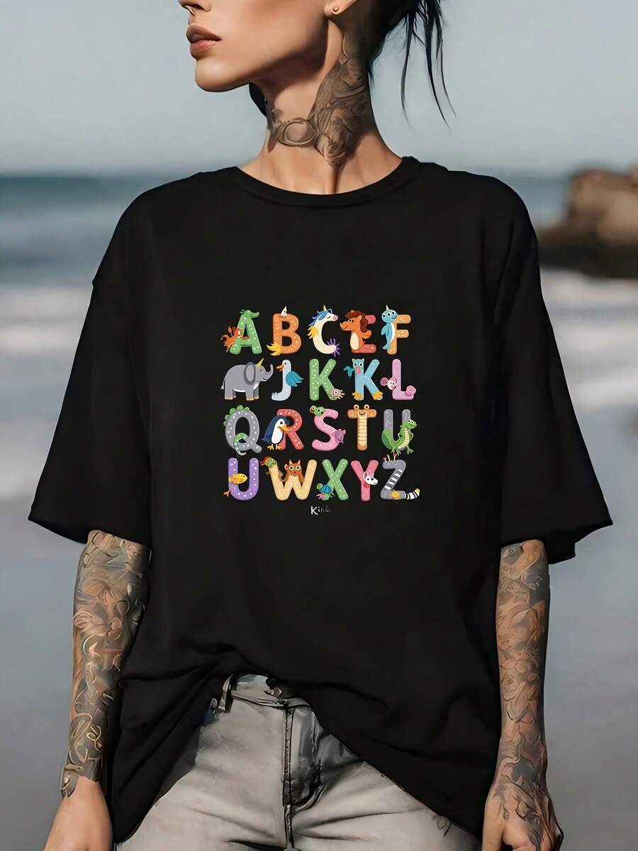 Funny Alphabet T-Shirt, Cute Clothing, Family Gift, Size 180g, Crew Neck, For Men And Women, Fashionable Summer Graphic T-Shirt, Fun Design With Cartoon Letters And Animals Print, Comfortable And Lightweight - 黑色 - 查看 1