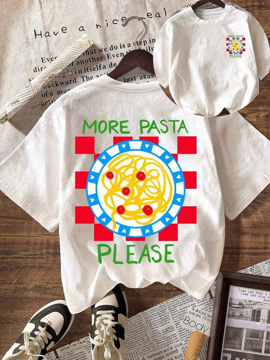 Premium Quality Women's Short-Sleeved T-Shirt, Printed On Both Sides, 100% Cotton, Loose Fit, Checkerboard Print "MORE PASTA PLEASE", Breathable Casual Top, For Everyday Wear For Food Lovers, With Letter Print, Adult Women's Summer Short-Sleeved T-Shirt, Breathable Fabric, Suitable For The Back-To-School Season, Outdoor Wear, Ideal Gift, . - 白色 - 查看 1