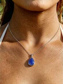 1 pieza Collar de piedras preciosas para mujer, colgante de piedra azul en forma de lágrima, delicado y versátil, adecuado para viajes de vacaciones, ocasiones diarias, ideal para regalos de aniversario (sin caja) - A - Ver 2
