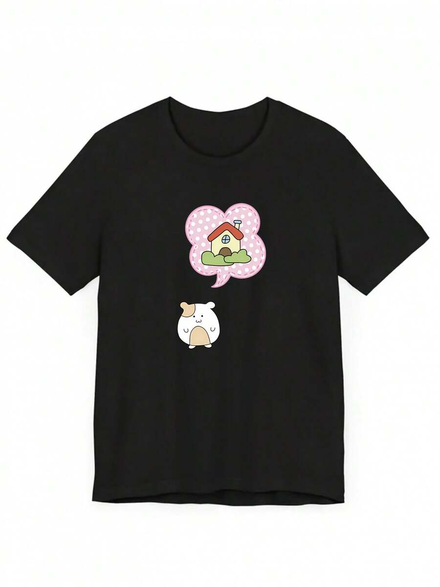 Primavera/Verano 2026 Nuevo Estampado de Casa de Dibujos Animados |   Camiseta Versátil de Manga Corta para Mujer |   Diseño exquisito |   Suelto y cómodo |   Fácil de combinar | - Negro - Ver 1