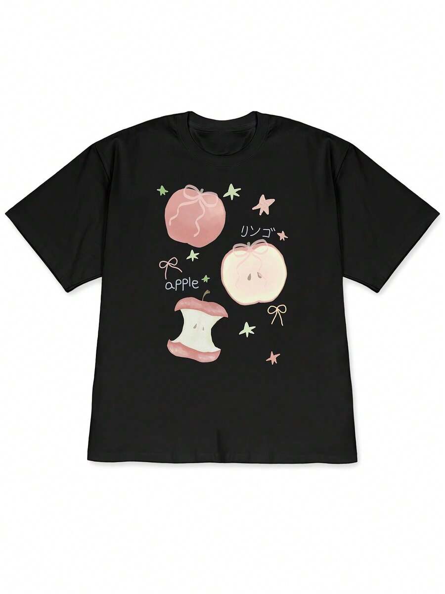 2026 Spring/Summer New Oversized Women's Drop-Shoulder Japanese-Style Soft And Cute Apple Print Loose Short-Sleeve T-Shirt, Eye-Catching Summer Streetwear, Fashionable Sweet And Style Top For WomenFor Summer - 黑色 - 查看 1