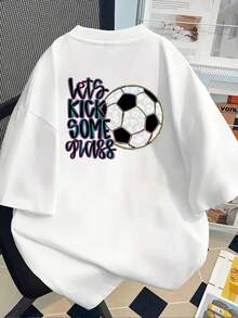 New 180g Short-Sleeved T-Shirt, 1% Cotton, With Prints On The Front And Back - Football Print, Kick Glass - Fashionable Printed T-Shirt For Women, Short-Sleeved, Suitable For All Seasons, Modern Clothing - Can Be Used As A Base Layer In Spring And Autumn Or Alone In Summer, Unisex. - 白色 - 查看 2