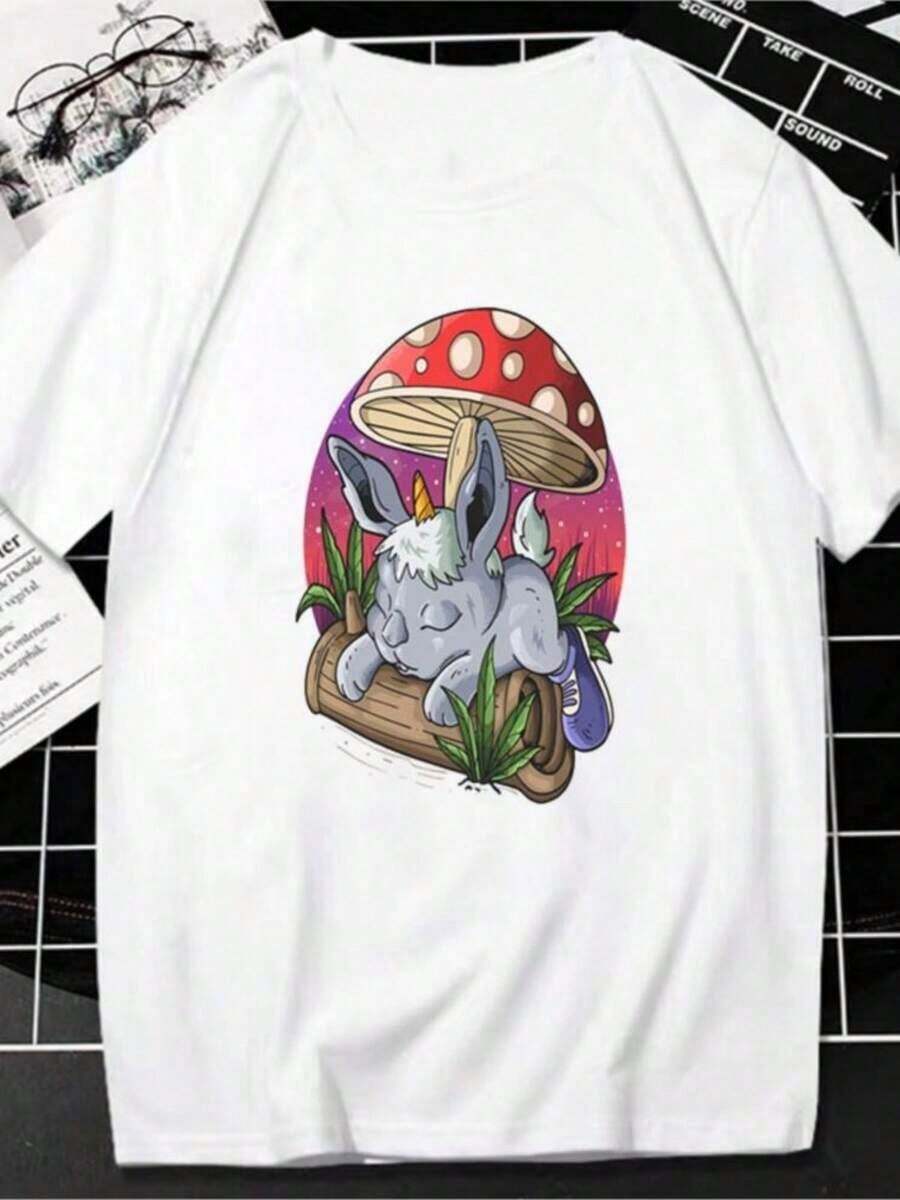 Simple And Versatile Easter T-Shirt With Kawaii Rabbit Print, Short Sleeve, Casual And Fashionable Style For Women, Egg Print T-Shirt, Oversized T-Shirt, Women's Clothing, Cotton T-Shirt. - 白色 - 查看 1