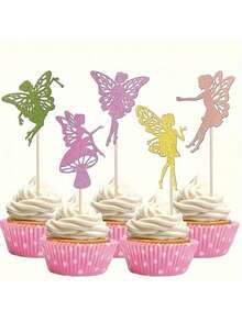 5pcs Colorful Fairy Cake Toppers, Paper Cupcake Picks For Wedding, Birthday, Theme Party Cake Decorations, Scene Atmosphere Setting, Holiday Celebration, Home Decor (Random Colors) - Multicolor - View 2