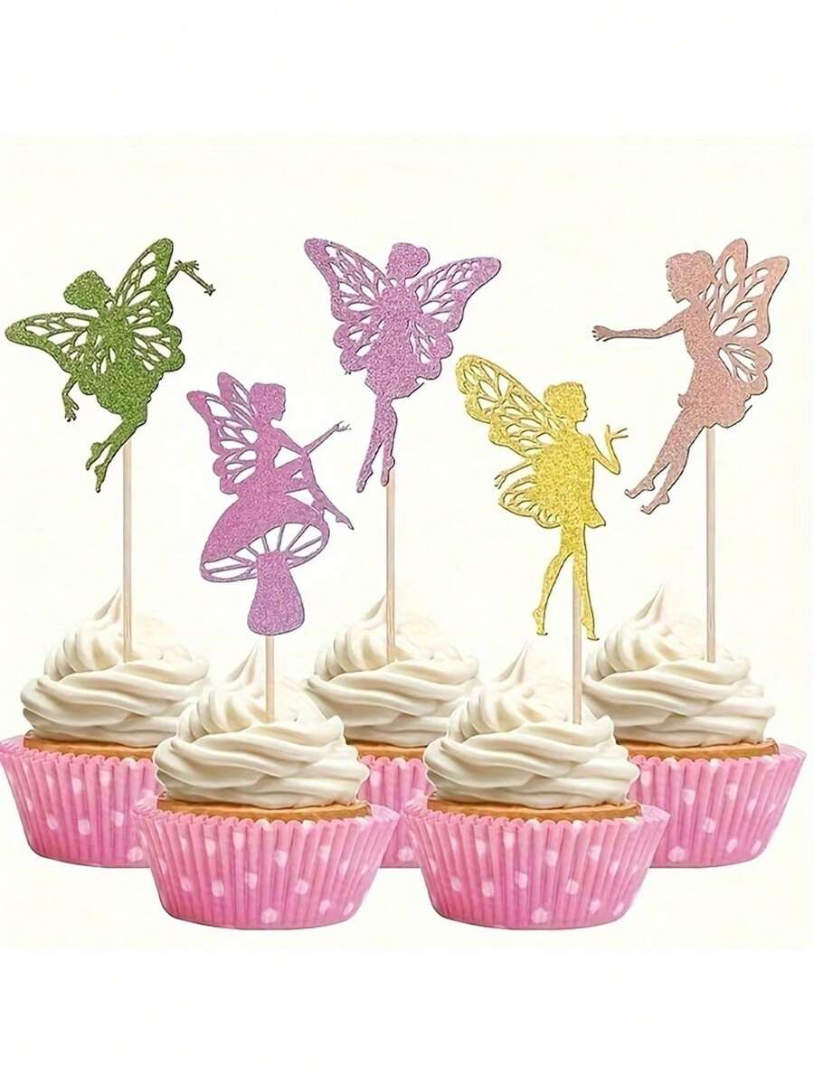 5pcs Colorful Fairy Cake Toppers, Paper Cupcake Picks For Wedding, Birthday, Theme Party Cake Decorations, Scene Atmosphere Setting, Holiday Celebration, Home Decor (Random Colors)