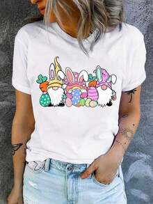 Modern And Minimalist Women's T-Shirt With Easter Bunny And Egg Print, Casual T-Shirt, Knitted Fabric, With Geometric Pattern, Summer Style, Length, /M², Gcasual For Everyday Wear. - 白色 - 查看 7