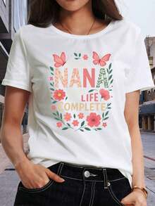 Modern MinimalistNANA Printed T-Shirt, Women's Casual Short Sleeve T-Shirt, Top, Casual Loose Short Sleeve Top, Mediumcasual Everyday - 白色 - 查看 7