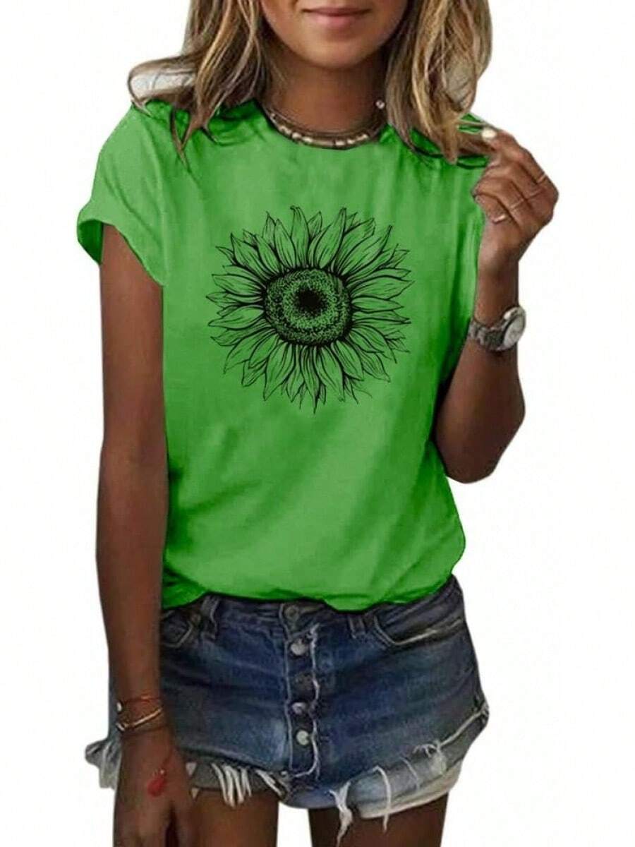 1Piece Fashion Casual For Men And Women City Bell Women T-Shirt Short Sleeve Tee Sunflower Graphic Loose Summer Top Versatile, Easy To Match, Suitable For Daily Wear, Urban Style, Holiday Outfits, Weekend Outfits. - 綠色 - 查看 1