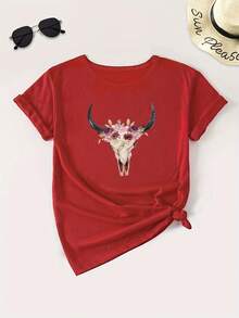 Women's Casual Cotton T-Shirt With A Round Neck And Patriotic Bull Head Print - Casual, Comfortable, Loose Fit, Suitable For Independence Day, Machine Washable. Simple T-Shirt For Everyday Wear. - 紅色 - 查看 3