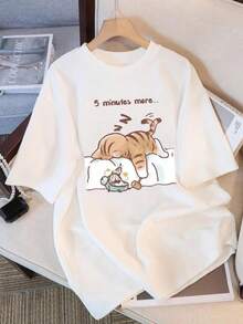 Soft Women's T-Shirt, Cat Print T-Shirt, Printed With The Phrase "Always Wanting To Sleep", Soft And Loose Round Neck, Summer Essential Clothing For Women, Elegant Blouses For Ladies. - 白色 - 查看 7