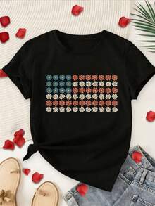 Women's T-Shirt With A Colorful Print, Soft Fabric, Modern Style, Short Sleeves, And A Round Neck. The Urban Style Is Versatile And Suitable For Everyday Wear And Casual Outfits In Spring And Summer. A Modern Design Perfect For Easter And Mother's Day, With A Simple, Comfortable Round Neck And A New Summer Style. - 黑色 - 查看 1