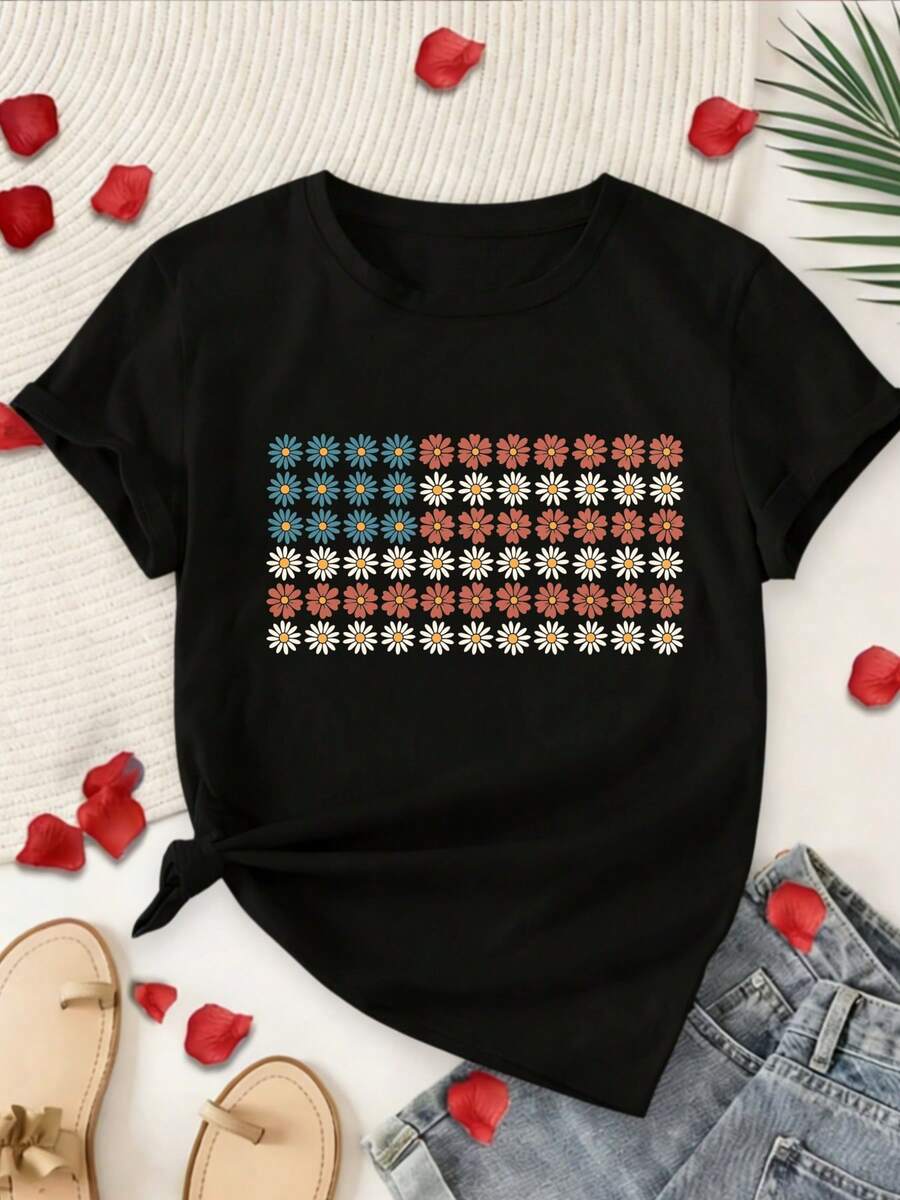 Women's T-Shirt With A Colorful Print, Soft Fabric, Modern Style, Short Sleeves, And A Round Neck. The Urban Style Is Versatile And Suitable For Everyday Wear And Casual Outfits In Spring And Summer. A Modern Design Perfect For Easter And Mother's Day, With A Simple, Comfortable Round Neck And A New Summer Style. - 黑色 - 查看 1