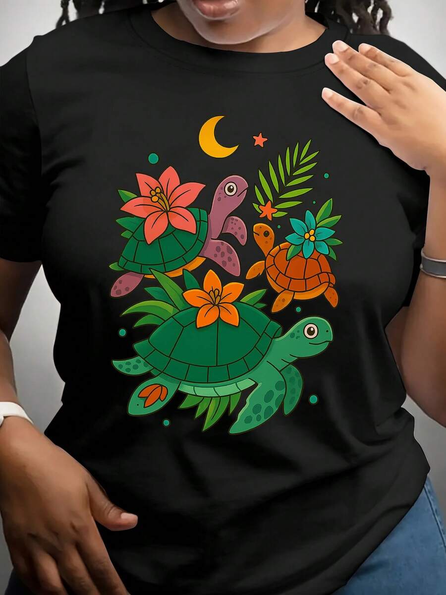Ropa de mujer: Camiseta deportiva de manga corta con estampado floral y de tortuga, cuello redondo, longitud regular, estilo casual. - Negro - Ver 1