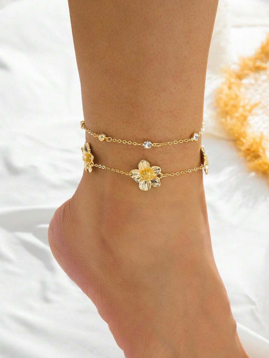 1pc Shiny Glowing Summer Beach Vacation Stylish Gold Textured Plumeria Flower Double Layer Anklet For Women - Yellow Gold - View 1
