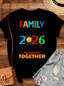 "Family Holidays 2026: Creating Memories Together" T-Shirt For Family Trips, Summer Clothes, Matching T-Shirts For Family Holidays 2026, Gift For Family Getaways, Short Sleeve T-Shirt, Crew Neck, Urban Vintage Style, Unisex, 220g, 100% Pure Cotton - 黑色 - 查看 4