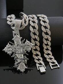 1pc Fully Rhinestoned Woven Cross Pendant, Designed For Men, Hip Hop Style Accessory, Street Fashion - Cross Pendant Necklace - View 15