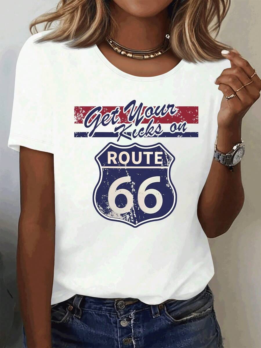 Blue Get Your 3-Row Letters 66 Blue Red Thread Loose Home Casual Sports Crew Neck Short Sleeve Top - White - View 1