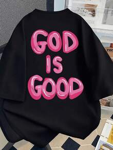 New 2026 Collection: Women's Double-Sided Printed Cotton T-Shirt - Pink Bubble Print With The Phrase "God Is Kind", For Summer And Spring, Women's Clothing, Comfortable And Practical, Short-Sleeved T-Shirt With Round Neck And Loose Fit. - 黑色 - 查看 5
