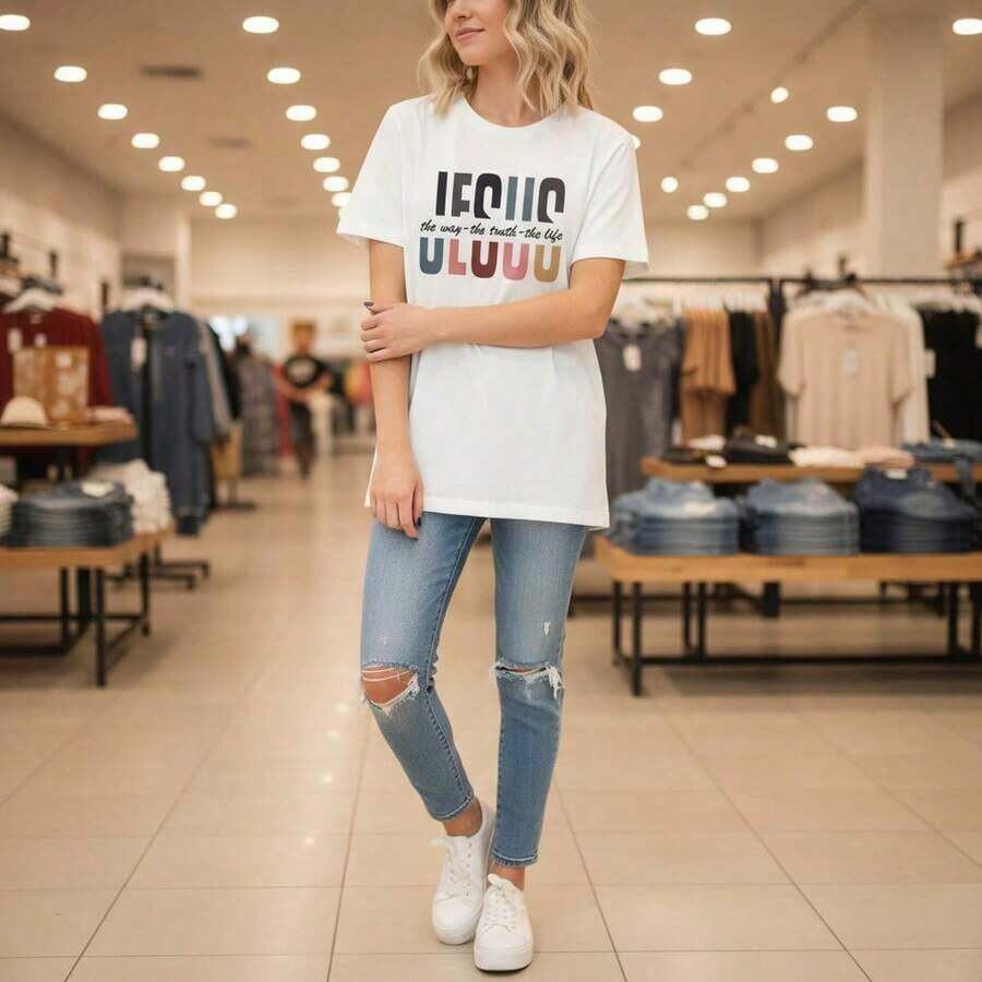 Women's Casual Cotton T-Shirt, Short Sleeve, Round Neck, With Graphic Print "IECIIC The Way The Truth The Life ULUUU", Loose Fit, Basic Top, Various Sizes, Summer Fashion For Daily Wear, ColorSoft - 白色 - 查看 1