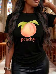 Women's Unisex Casual T-Shirt With Peach Fruit Print, Cotton Casual Top, Summer Fashion Design, Cute Peach Print T-Shirt, Festival Gifts - 黑色 - 查看 1