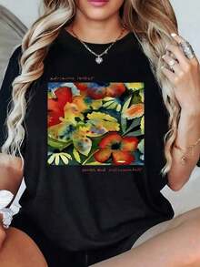 100% Cotton. Colorful Floral Art Symbolizing Vitality And Inner Joy With Abstract Brushstrokes Evoking Natural Freedom. Soft, 100% Cotton, Casual, And Comfortable Women's T-Shirt. Women's Simple Solid Color T-Shirt, Loose And Slim Fit Casual Short Sleeve - 黑色 - 查看 1