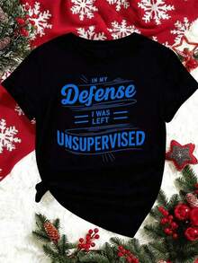 100% Cotton. Women's "In My Defense" T-Shirt, Made Of Soft Cotton, With A Relaxed Fit, Casual Style, And Comfortable Feel, Featuring A Unique Graphic Print. New Release! Simple Solid Color Women's T-Shirt, Loose And Fitted Cut, Casual Short Sleeves. - 黑色 - 查看 3