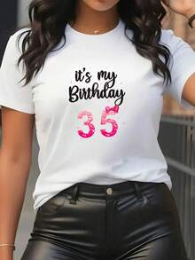 1 Piece Of Y2K Style Women's Casual Short-Sleeved Sports T-Shirt With "This Is My 35th Birthday" Print, Birthday Gift. Elegant Party Outfit, T-Shirt For Elegant Ladies, Blouses Suitable For Curvy Women, Casual Wear, Cool And Sweat-Free Summer Clothing, Fun Letter Print. - 白色 - 查看 6