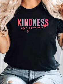 KINDNESS Ir Yree Letter T-Shirt For Home, Casual, Fashionable, Versatile, For Going To Work, Sporty, Universal, Comfortable, Thick Fabric, Pure Cotton. - Black - View 3