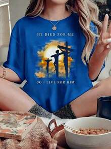 Short-Sleeve Black T-Shirt With Christian Phrase "He Died For Me" And Graphic Of Jesus On The Cross, Faith And Religious Scripture T-Shirt, Oversized Loose Praise Blouse, Christian Gift Tops, Cute Blouses, 100% Cotton - 藍色的 - 查看 5