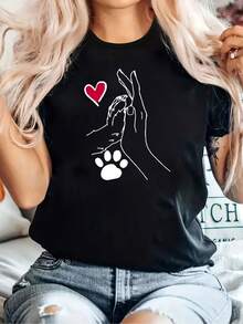 Plus Size Women's Casual T-Shirt With Round Neck, Heart And Paw Print Design, Polyester Fabric, Medium Stretch, Geometric Pattern, Appliqué Detail, Short Sleeve T-Shirt For Spring/Summer/Autumn, Women's T-Shirt - 黑色 - 查看 3