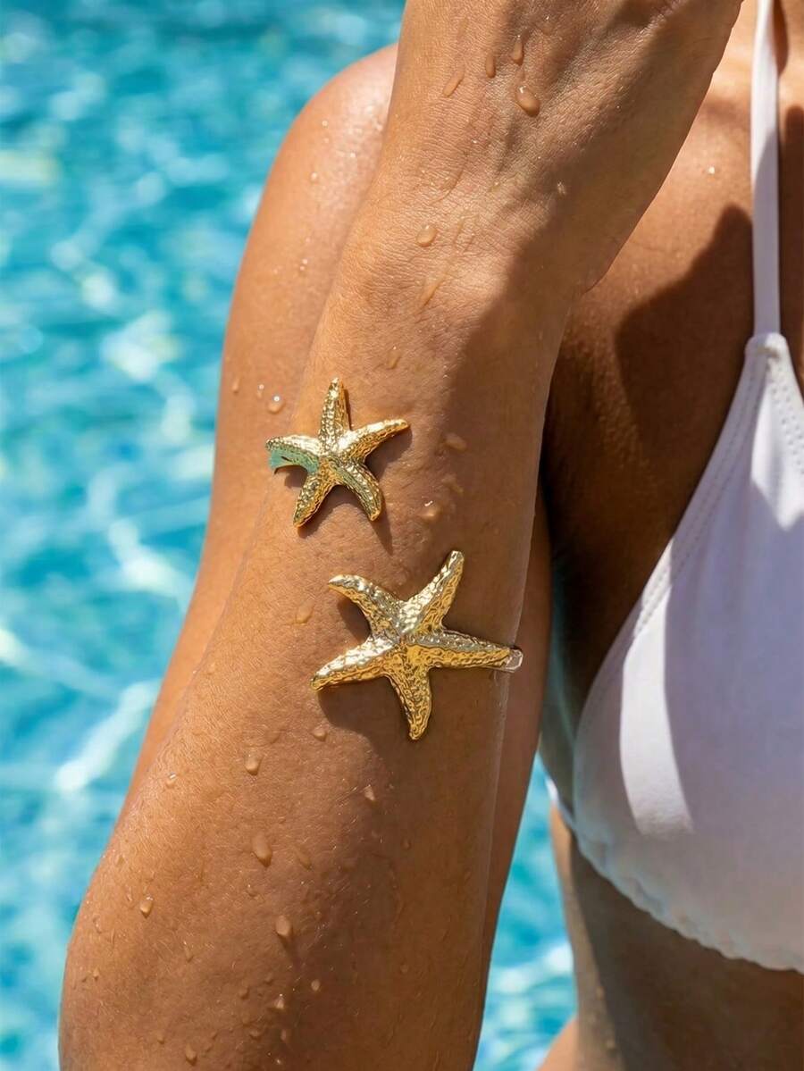 1 Stück Boho Ozean Stil Legierung Seestern offene Manschette Armband, modische Ins Metall Seestern Armreif, geeignet für Strandurlaub, Party, Geschenk, Alltag - Gold - Übersicht 1