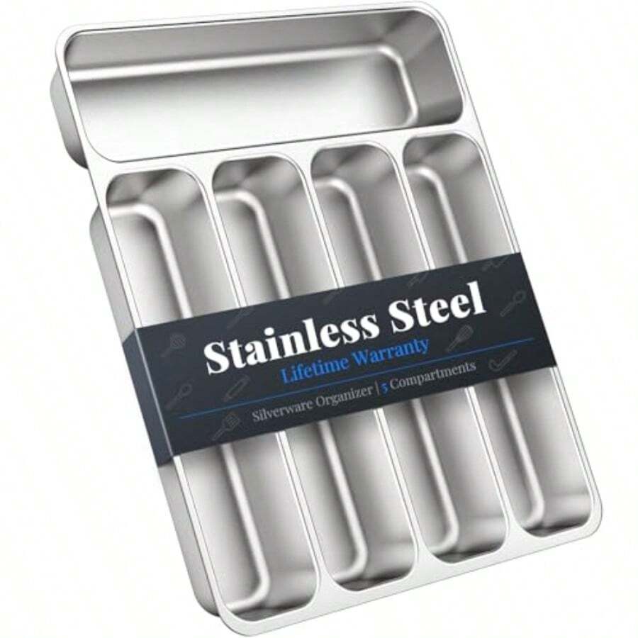 IKOCO Organizador de cubiertos para utensilios de cocina, bandeja de cubiertos de acero inoxidable para cucharas, tenedores, cuchillos, vajilla, 5 compartimentos, plata - Pago - Ver 1