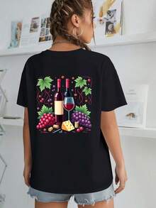 Women's Casual Sports T-Shirt With Colorful Wine Themed Design - Black Elastic Crew Neck T-Shirt, Machine Washable, Comfortable Fit For All Seasons, Perfect To Match With Denim Shorts. - 黑色 - 查看 6