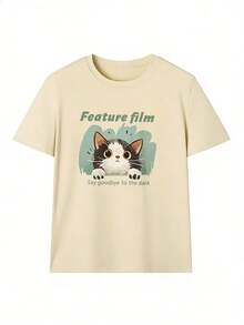 Cute Cat T-Shirt With "Feature Film" Text, Fashionable Short-Sleeved T-Shirt For Spring And Summer 2026, Made In Mexico, 180 Grams. Cartoon Print, Couple Design, Suitable For Indoor Or Outdoor Wear. Crew Neck, Unisex, Ideal For Office And Leisure. One-Pack. - APR-P631577SLNDXZGY609 - 查看 2
