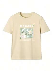 Floral T-Shirt With The Text "MEMORY".  Short-Sleeved T-Shirt For Spring And Summer 2026, Made In Mexico, 180 Grams. Cartoon Print, Couple Design, Suitable For Indoor Or Outdoor Wear. Crew Neck, Unisex, Ideal For The Office And Leisure. One-Pack. - APR-P631577SLNDXZGY582 - 查看 2