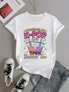 | Exquisite Design | Loose And Comfortable | Easy To Match | Women's T-Shirt With K-Pop And Bubble Tea Print - Quick-Drying, Round Neck, Short Sleeve, Machine Washable, A Must-Have Casual Garment For K-Drama Fans, Suitable For Daily Wear In All Seasons, Gift For KCON Fans, Fun Design. - 白色 - 查看 1