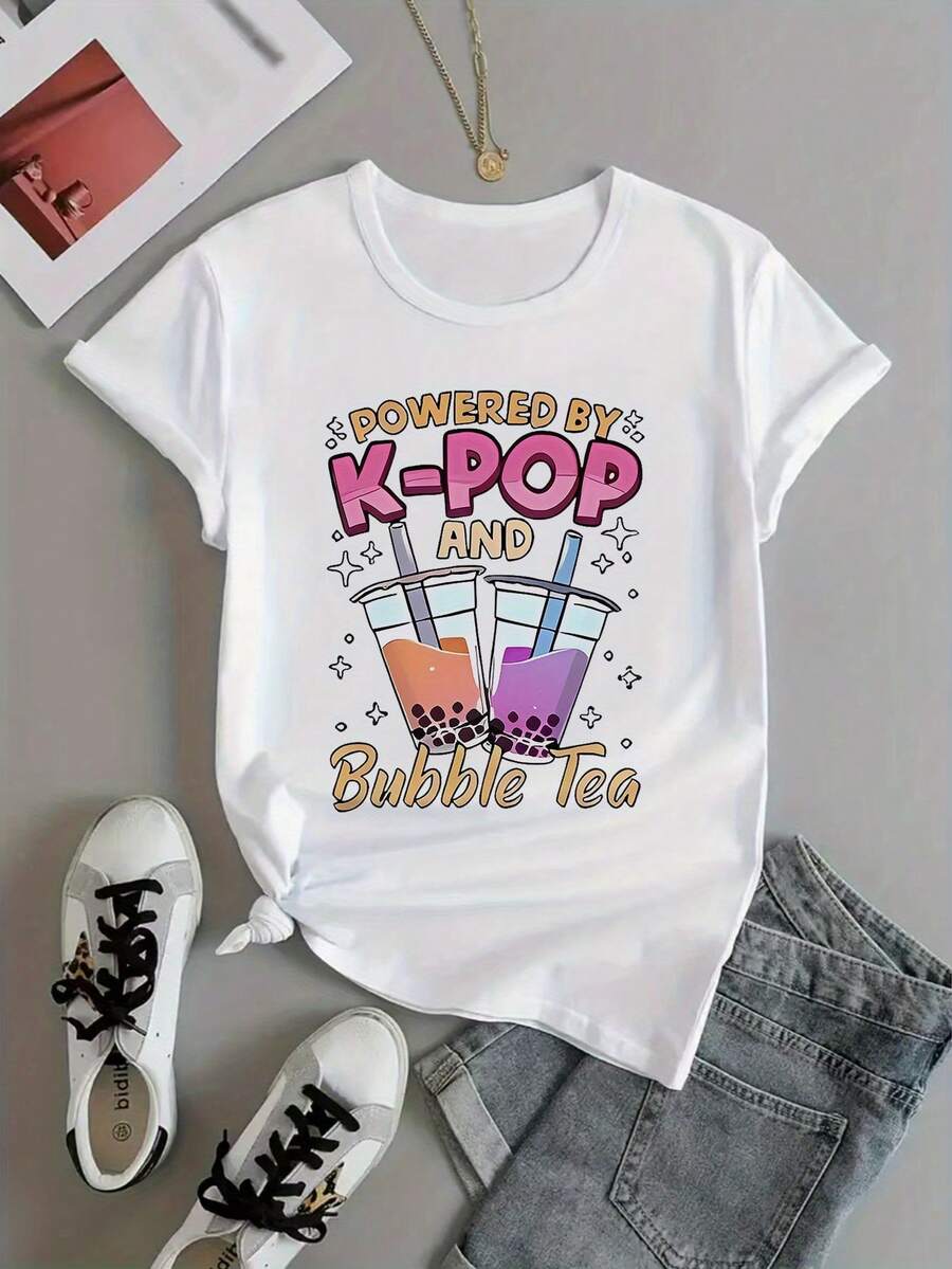 | Exquisite Design | Loose And Comfortable | Easy To Match | Women's T-Shirt With K-Pop And Bubble Tea Print - Quick-Drying, Round Neck, Short Sleeve, Machine Washable, A Must-Have Casual Garment For K-Drama Fans, Suitable For Daily Wear In All Seasons, Gift For KCON Fans, Fun Design. - 白色 - 查看 1