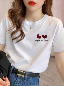 Women's Printed T-Shirt With Heart And Text Could Be Sweet - Casual Short Sleeve Crew Neck T-Shirt, Relaxed Fit For All Seasons, Perfect For Daily Wear And Holiday Outfits (Machine Washable). - 白色 - 查看 1