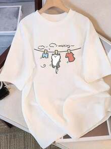 Camiseta Estampada para Mujer Oversized de Manga Larga con Diseño Minimalista de Gato Blanco y Gris - Camiseta Casual de Cuello Redondo, Corte Relajado para Todas las Estaciones, Perfecta para Uso Diario y Atuendos de Vacaciones (Lavable aáquina). - Blanco - Ver 1