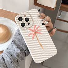 Funda de teléfono de TPU con patrón de árbol de palma a rayas verticales rosa y marrón claro minimalista, compatible con Apple 17/17 Pro/17 Pro Max/16/16 Pro/16 Pro Max/15/14/13 Pro/12/11/7/8 Plus/X/Xr/Xs Max - Beis - Ver 3