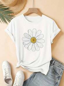 Short-Sleeved T-Shirt With A Round Neck And A , Cute Daisy Floral Print, Perfect For Young Women. Machine Washable. Suitable For Everyday Casual Street Style. An Ideal Gift Choice For Home And Office Wear. - 白色的 - 查看 6