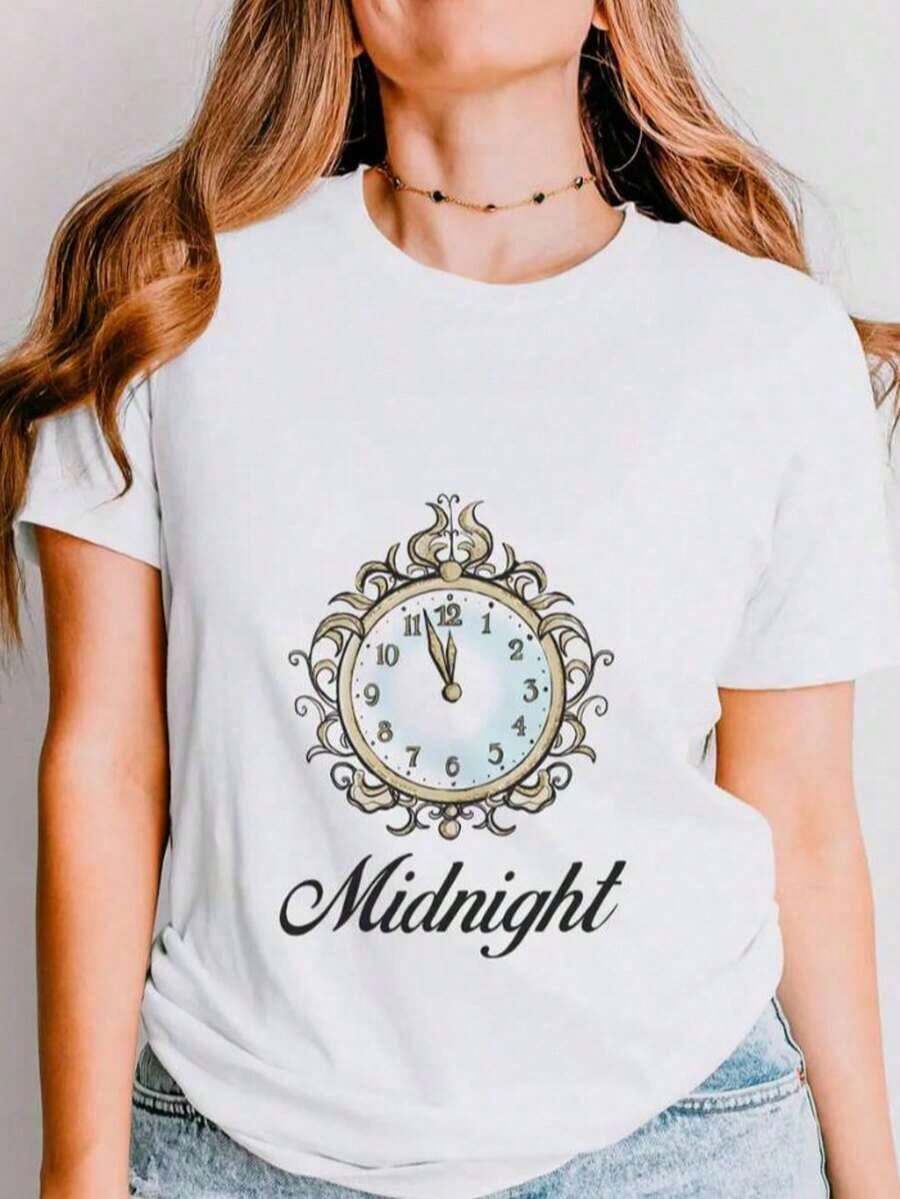 Midnight T-Shirt, Midnight Nights, Gift For Fans, Sleepless Nights, T-Shirt, Women's Oversized Midnight Graphic Tees, 100% Cotton Graphic Tee For Women, Casual Short Sleeve Crew Neck T-Shirts - 白色6 - 查看 1