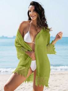 Swim Vcay Kimono cubrecuerpo para damas de un solo color con aplicaciones de encaje y botones delanteros - Verde Oliva - Ver 3