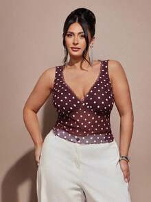 2026 Nueva Blusa de Tirantes Finos para Mujer Talla Grande, Blusa de Malla con Lunares, Ropa de Playa y Vacaciones - Burdeos - Ver 5