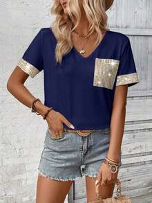 LUNE Camiseta de mujer casual de manga corta con cuello en V, parches y lentejuelas - Azul marino - Ver 4